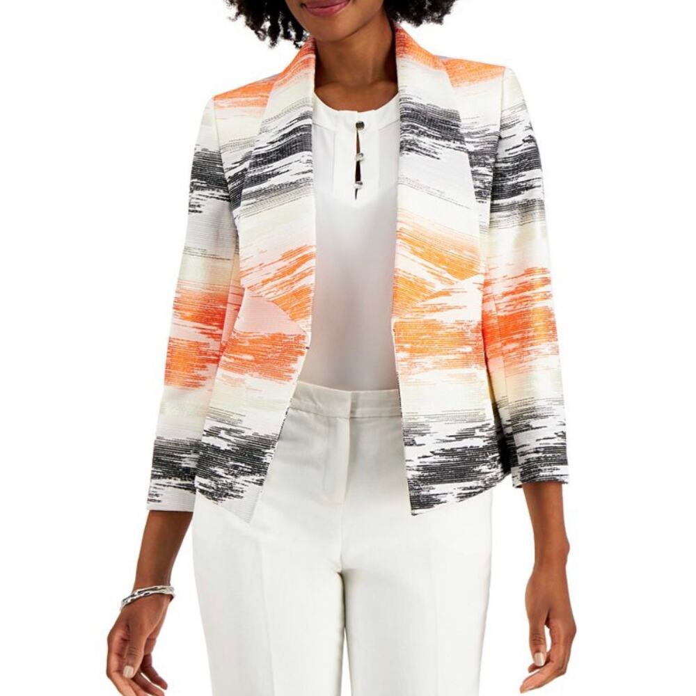 Kasper Womens 3/4 Sleeve Graphic Jacguard Open Front Jacket S